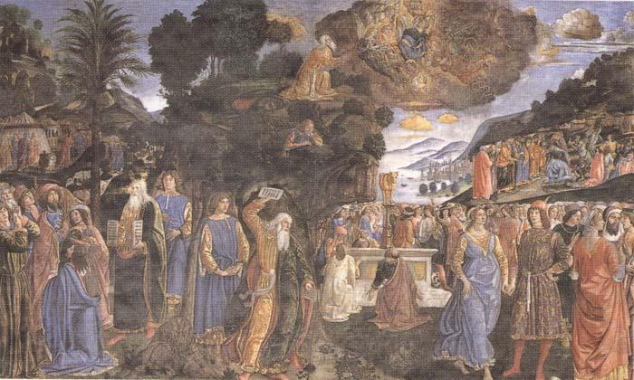 Sandro Botticelli Cosimo Rosselli and Assistants,Moses receiving the Tablets of the Law and Worship of the Golden Calf Spain oil painting art